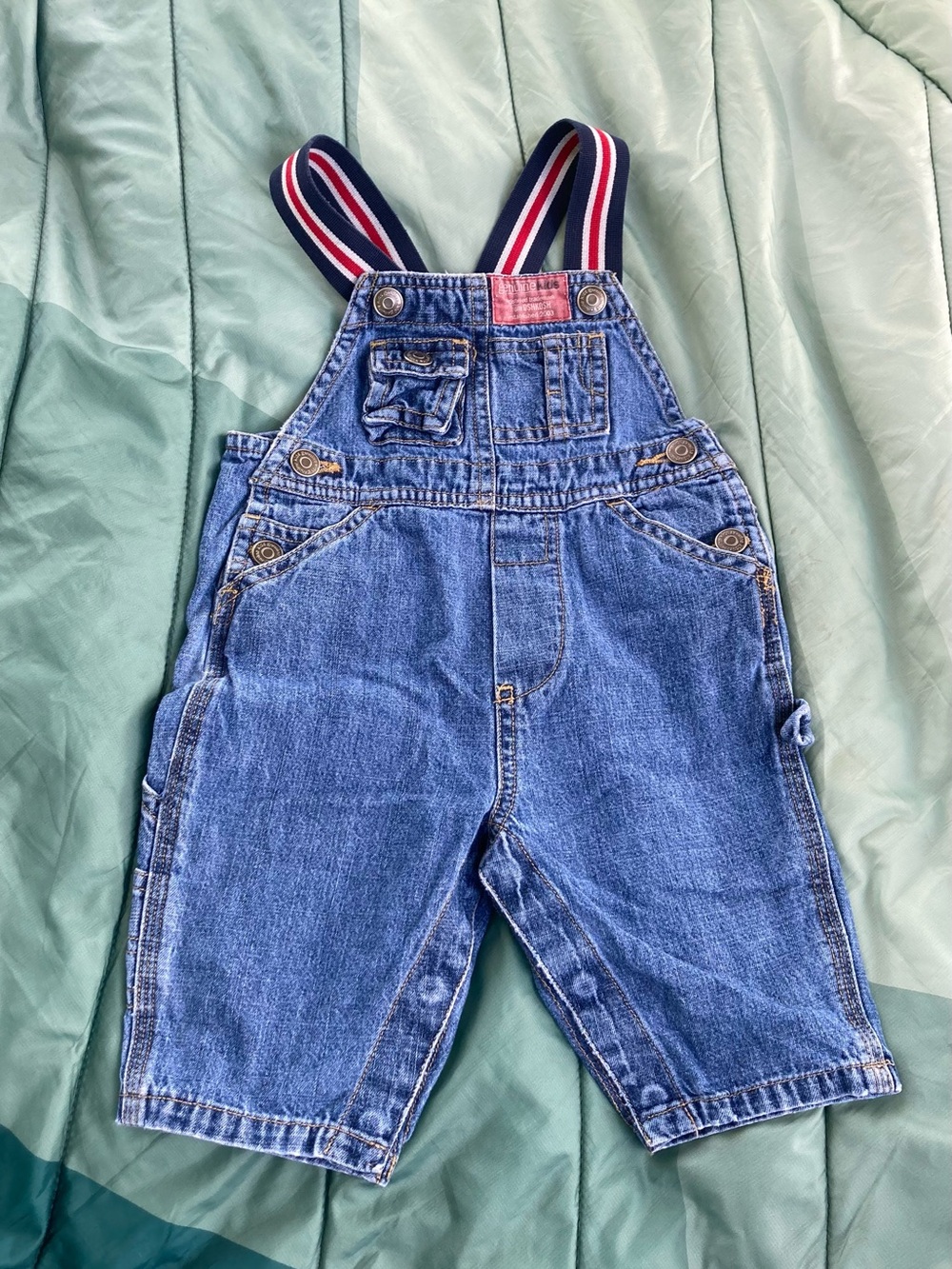 Oshkosh B Gosh festive denim overalls with red and white straps 6 month